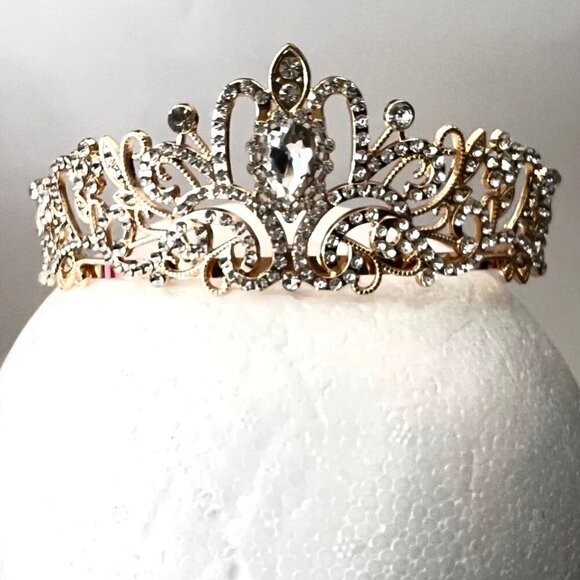 Golden Tiara Rhinestone Crystal Tiara One Size - Picture 1 of 7